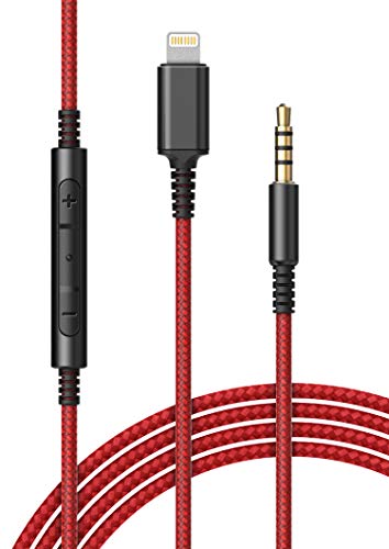 (Apple MFi Certified) Replacement Headphone Cable with iPhone Lightning Connector (3.5mm) Audio Aux Cord with Mic & Volume Control Remote (Compatible with Beats/Sony/Sennheiser and Audio Tech) - color: Red