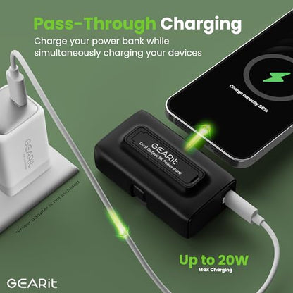 GEARit 5000mah Power Bank - Dual Output, Mini Battery Pack with Integrated USB-C and Lightning Connectors - Compact, Small Portable Charger Compatible - Black