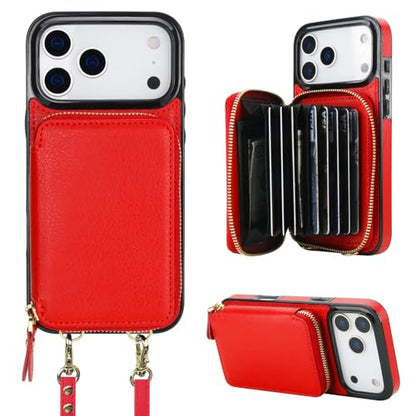 Bocasal Multi-Slot Crossbody Wallet Case for iPhone 17 Pro Max, Red | RFID Blocking PU Leather Purse Case with Card Holder, Handbag Flip Cover with Zipper Wrist Strap Lanyard for Women 6.9 Inch - color: Red