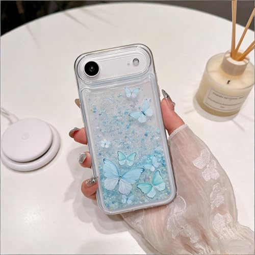 Compatible with iPhone Air Glitter Butterfly Case Glow in The Dark Women Girls Girly Bling Sparkle Flowing Quicksand Light up Soft TPU Bumper Luminous Clear Phone Cover, Pink - color: Blue, size: iPhone Air
