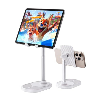 Phone Stand for Desk, Height Adjustable Desktop Phone Holder, 270°Angle Adjustable Tablet Stand with Weighted Base and Aluminum Alloy Support Rod for Phone and Tablet 4"-11" - color: White