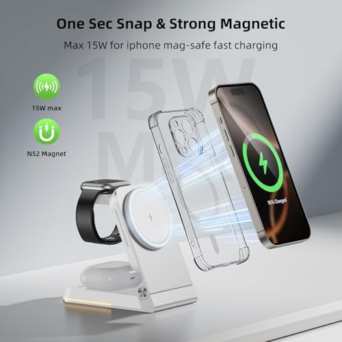 Aluminum 3 in 1 Wireless Charging Station,Foldable Wireless Charger for Apple Magsafe with Light,Portable Travel Magnetic Charger Stand for iPhone 17/16/15/14,Watch,Airpod,with PD 20W Adapter & Case - color: Silver