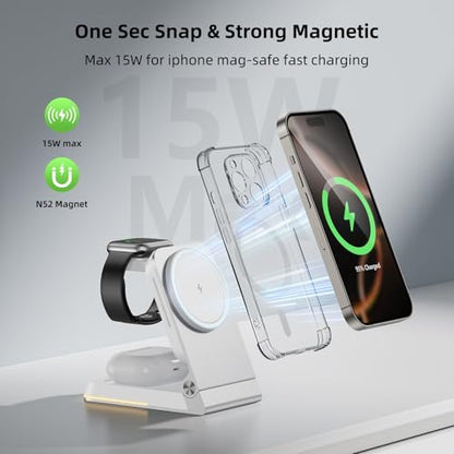 Aluminum 3 in 1 Wireless Charging Station,Foldable Wireless Charger for Apple Magsafe with Light,Portable Travel Magnetic Charger Stand for iPhone 17/16/15/14,Watch,Airpod,with PD 20W Adapter & Case - color: Silver