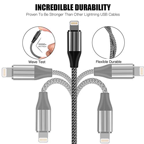FEEL2NICE Lightning Cable 3 ft,3 Pack iPhone Charger Cable & Data Sync Fast 3 Foot Nylon Braided Cord Compatible with iPhone Xs max/xr/x/8/8 Plus/7/7plus/6/6s Plus/5s/5,iPad(Silver)