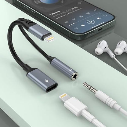 2-in-1 Lightning to 3.5mm Jack Headphone and Charger Cable Adapter,【Apple MFi Certified】 Earphones Converter Splitter Support Music+Charge+HiFi+Mic+Control for iPhone 14 Pro Max/14 13 12 11
