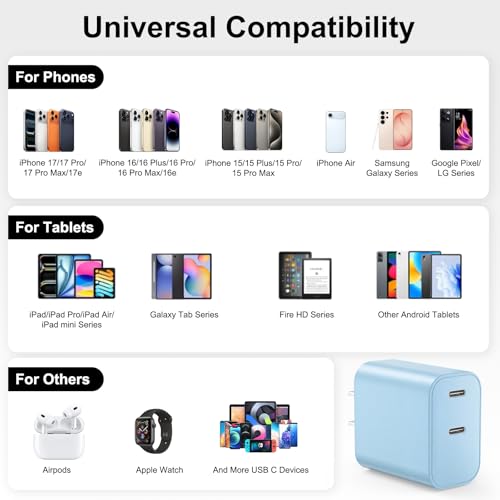 iPhone 18 17 16 15 Charger Fast Charging, 20W Dual Port USB C Charger Block - color: Blue