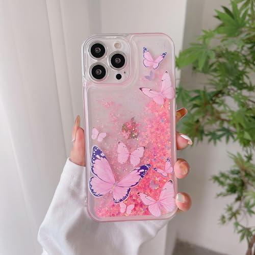 Compatible with iPhone 15 Pro Max Glitter Butterfly Case Glow in The Dark Women Girls Girly Bling Sparkle Flowing Quicksand Light up Case Soft TPU Bumper Luminous Clear Phone Cover, Pink - color: Pink, size: iPhone 15 Pro Max
