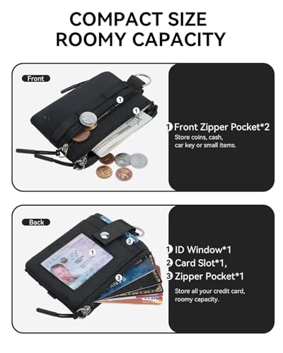 BOSTANTEN Small Wallet RFID, Minimalist Zip ID Case Wallet with Lanyard Keychain, Water Resistant Card Wallets for Women & Men, Black