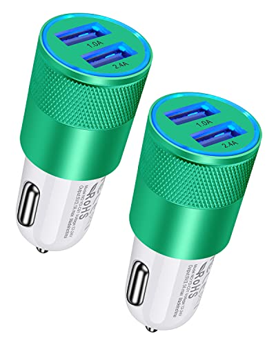 Car Charger [2Pack/3.4a] Fast Charge Dual Port USB Cargador Lighter Adapter - color: Green