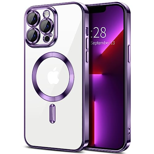 Hython Magnetic Clear for iPhone 13 Pro Max Case with Camera Lens Protector [Compatible with MagSafe] Plating Edge Slim Soft TPU Cover Protective Phone Case for iPhone 13 Pro Max 6.7", Deep Purple - color: Deep Purple, size: Iphone 13 Pro Max - 6.7 Inch