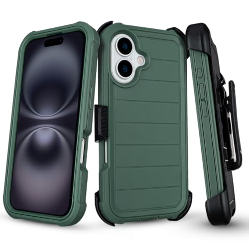 Defender Phone Case for iPhone 16 Case with Clip Holster Kickstand Green | for iPhone 16 Case Heavy Duty iPhone16 Phone Case Rugged 2 Layers of Sturdy,Anti-Drop for Phone Case iPhone 16Case Protective - color: Green