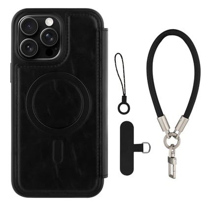 Wallet Phone Case Crafted for iPhone 16 Pro Max Black | PU Leather Phone Case Flip Cover Wrist Strap Card Holder Slots - color: Black-2, size: iPhone 16 Pro Max
