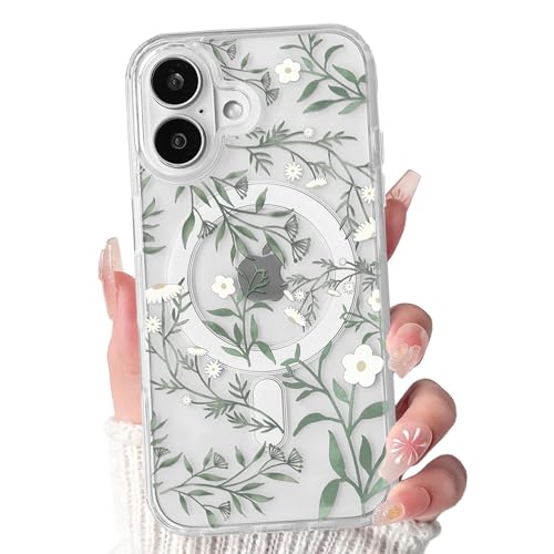Lovmooful Magnetic for iPhone 17 Case Cute Flower-Green Leaves | Compatible for MagSafe,Clear Floral,with Aesthetic Design,for Girls Women,Soft TPU+PC,Shockproof,Protective,Girly - color: Green Leaves, size: iPhone 17