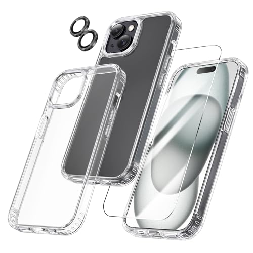 Maxdara for iPhone 15 Case Clear | 3 in 1, with Front Tempered Glass Screen Protector & Camera Lens Protector, Transparent Slim Shockproof Cover - color: A-Black, size: for iPhone 15