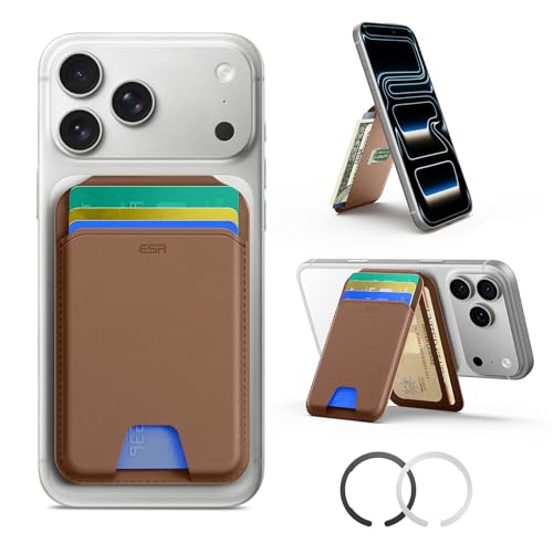 ESR for MagSafe Wallet with Adjustable Stand, 5 Card Holder | RFID Blocking, MagSafe Ring Included, Strong Magnetic Wallet for iPhone 17 Pro Max 17e 16 15 14 13 12, Selected Samsung,Brown - color: Brown