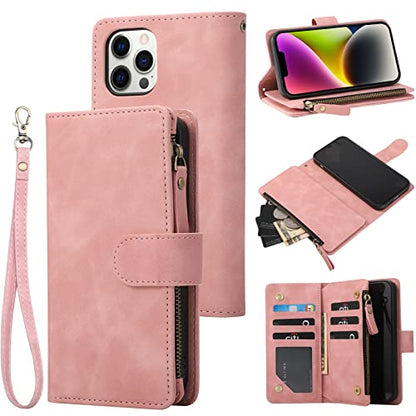 RANYOK Wallet Case Compatible with iPhone 13 Pro (6.1 inch), Premium PU Leather Zipper Flip Folio Wallet RFID Blocking with Wrist Strap Magnetic Closure Built-in Kickstand Protective Case (Pink) - color: Pink