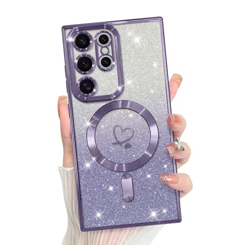 Bonoma Compatible with Samsung Galaxy S23 Ultra Case Heart Glitter -Purple | Support for MagSafe, Plating Magnetic Case TPU Camera Protection Back Cover for Phone Case - color: Purple, size: Samsung Galaxy S23 Ultra