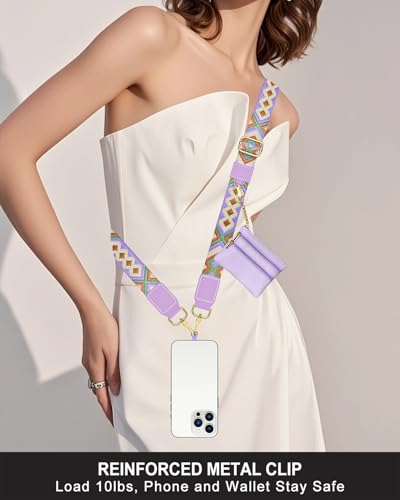 Nipichsha Crossbody Phone Strap with Wallet, Clip and Go Strap for Phone - color: Purple Geometry