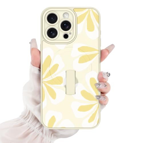 for iPhone 15 Pro Case White Yellow Cute Petals Floral Pattern | [Compatible with Magsafe] with Finger Hand Strap Kickstand Case for Girls Women Shock Scratch Protection Phone case - color: White Yellow / Floral Petal, size: iPhone 15 Pro