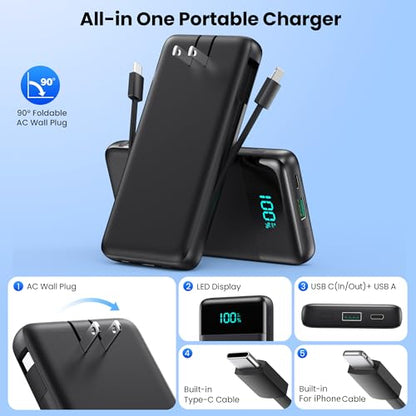 Portable Charger for iPhone,13800mAh Slim Power Bank with Built-in Cables & AC Wall Plug,All in One 4 Outputs USB C Fast Charging Battery Pack Powerbank for iPhone 18/17/16/15,Android,Travel Essential - color: Black