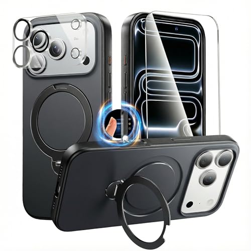 3in1 for 360°Ring Stand for iPhone 17 Pro Max Case with 1X Screen Protector +1X Camera Cover,Fit for MagSafe, Anti-Yellowing & Scratch-Resistant Back Phone Case for iPhone 17 Pro Max 6.9", Black - color: Black, size: Iphone 17 Pro Max