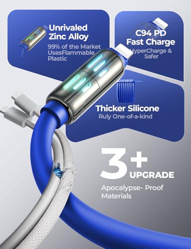 LISEN USB C to Lightning Cable, 240W 4 in 1 Charging Cable 6.6FT, Chubby USB A/C to C/Lightning with Light for iPhone Charger Fast Charging iPhone Air 17 16 15 14 Pro/MacBook/iPad, Dark Blue - color: Dark Blue, size: 6.6FT