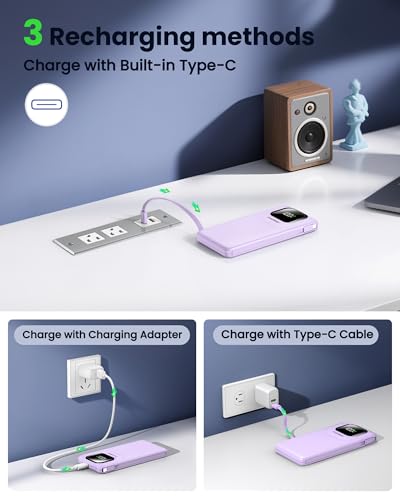 Portable Charger with Built-in Cables,22.5W Super Fast Charging Power Bank Slim Phone Charger,10000mAh Travel Battery Pack Battery Bank with Smart LED Display for iPhone, Android & USB-C (Purple) - color: Purple