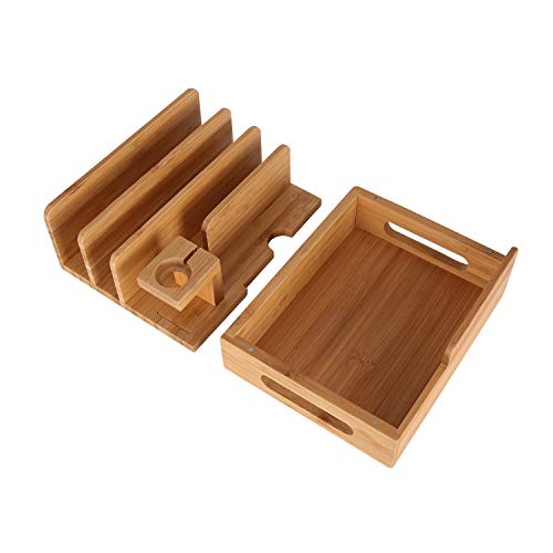 Bamboo Wood Multi-Device Desktop Charging Dock Station Charger Holder Cradle Charge Stand Compatible iPhone 16 15 14 13 Pro Max iPad Mini Pro Air Apple Watch Ulrta 10 9 8 7 6 5 4 3 2 iWatch Smartphone - color: Medium
