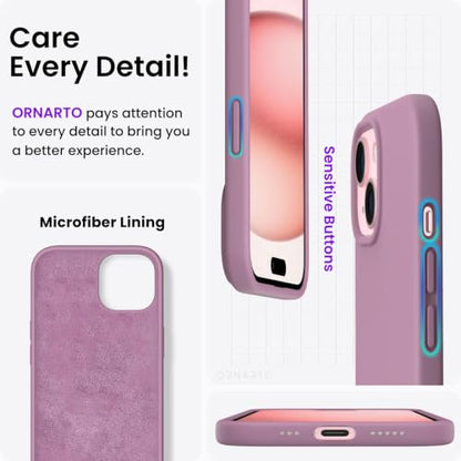 ORNARTO Compatible with iPhone 15 Case 6.1, Slim Liquid Silicone 3 Layers Full Covered Soft Gel Rubber Phone Case, Anti-Scratch Shockproof Protective Cover 6.1 Inch, Lilac Purple - color: Lilac Purple