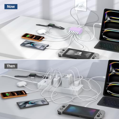 100W 6 in 1 USB Charger, 50% Smaller Charging Station for Multiple Devices - color: Light Purple