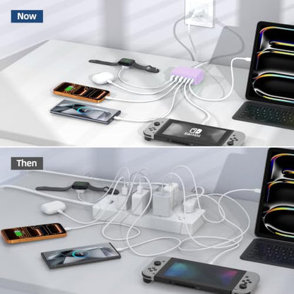 100W 6 in 1 USB Charger, 50% Smaller Charging Station for Multiple Devices - color: Light Purple
