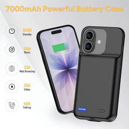 Battery Case for iPhone 17(6.3 inch), 2026 Upgraded 7000mAh Ultra-Slim Charging Case Poratble Rechargeable Extended Charger Case Battery Pack with Tempered Glass Screen Protector Black