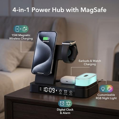 ASHATA 4 in 1 Wireless Charging Station 3 in 1 Stand with Digital Alarm Clock 7 Color Night Light for Phone Watch Earbuds (Black) - color: Black