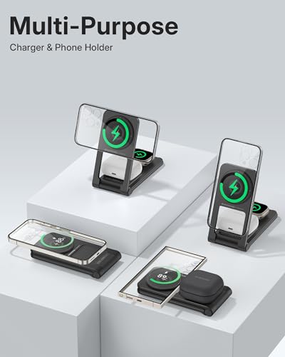 3 in 1 Charging Station for Apple Devices, Magnetic Wireless Charger Stand, 15W Foldable Travel Charging Dock for iPhone 17 16 15 14 13 12 Pro Max Plus Air & Apple Watch & AirPods 4 3 2 Pro, Black - color: Black