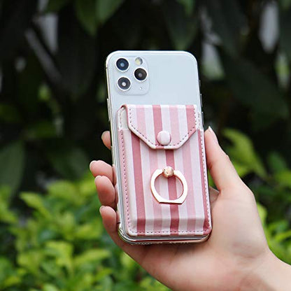 Self Adhesive Phone Card Wallet with Ring Stand Flip Cover, Pink Striped - color: Pink Striped