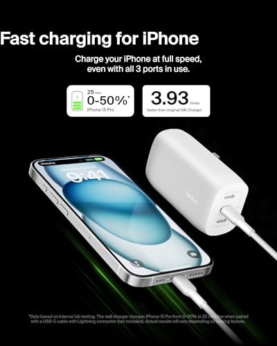 Belkin 67W 3 Port USB C Charger Block, PPS Fast Charging for MacBook - style: White