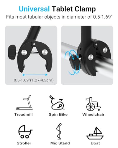 Gooseneck Tablet Holder for Treadmill and Peloton Bike Fit 4-13" iPad & Phone, Universal Clamp Mount with Flexible Arm for Spin Bike, Indoor Exercise Bicycle, Wheelchair, Stroller Handlebar