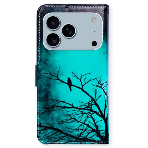 Bcov Case for iPhone 17 Pro,Black Bird Green Leather Flip Phone Case Wallet Cover with Card Slot Holder Kickstand Case for iPhone 17 Pro - color: Black Bird Pattern