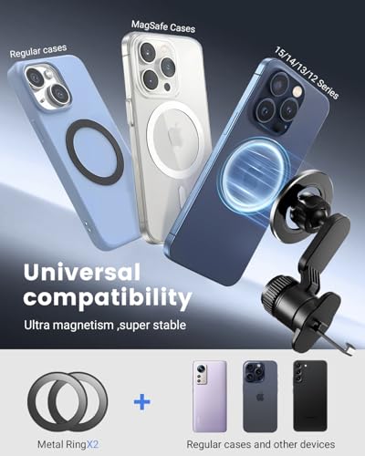 Vent Phone Holder for Your Car, Magnetic Air Vent Mount 360° Rotatable with Metal Ring, One-Hand Use for iPhone 16/15/14/13/12 (4.3-7.6") Non-Blocking View