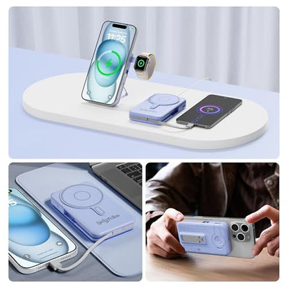Magnetic Portable Charger Built-in Cables,10000mAh Fast Charging Wireless Charger Station External Battery Pack Slim Pocket Size Power Bank with Stand Compatible with iWatch, iPhone - color: Dark Blue