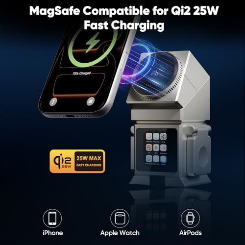 7-in-1 Robot Wireless Charging Station, Qi2.2 25W Magnetic Wireless Charger for iPhone 18-12 Series, AirPods & iWatch, Auto-Rotating Stand, Bluetooth Speaker & 2" Smart Display, 45W Adapter Included - color: Silver-T6D