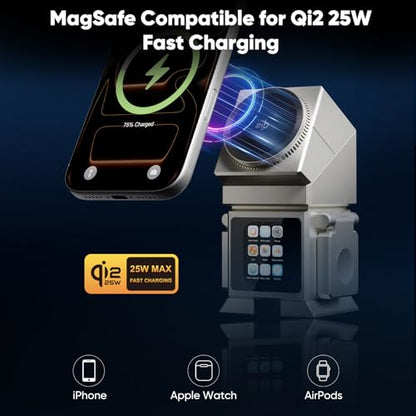 7-in-1 Robot Wireless Charging Station, Qi2.2 25W Magnetic Wireless Charger for iPhone 18-12 Series, AirPods & iWatch, Auto-Rotating Stand, Bluetooth Speaker & 2" Smart Display, 45W Adapter Included - color: Silver-T6D