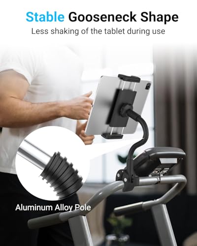 Gooseneck Tablet Holder for Treadmill and Peloton Bike Fit 4-13" iPad & Phone, Universal Clamp Mount with Flexible Arm for Spin Bike, Indoor Exercise Bicycle, Wheelchair, Stroller Handlebar