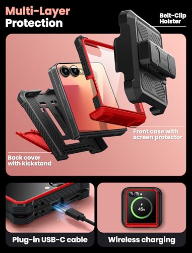 i-Blason for Samsung Galaxy Z Flip 7 Case with Stand & Belt-Clip, Red | Built-in Screen Protector, Hinge Protection, Belt-Clip, KickStand, Full-Body Protection, Military - color: Ruddy