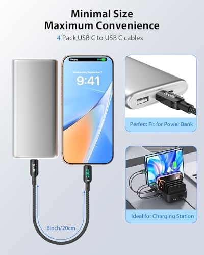SOOPII 4-Pack 100W Short USB C to USB C Cable with LED Display, 0.7Ft PD Fast Charging Nylon Braided Cord, Compatible with Phone,Tablet,Laptop,Ideal for Charging Station and Power Bank(Black) - size: 4P(100W+LED)