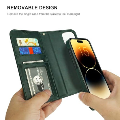 Bocasal Detachable Wallet Case Card Holder for iPhone 15 Pro Max Green | RFID Blocking Kickstand Card Slots Holder PU Leather Magnetic Shockproof Wrist Strap Removable Flip Protective Cover 6.7 inch - color: Green