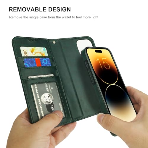 Bocasal Detachable Wallet Case Card Holder for iPhone 15 Pro Max Green | RFID Blocking Kickstand Card Slots Holder PU Leather Magnetic Shockproof Wrist Strap Removable Flip Protective Cover 6.7 inch - color: Green