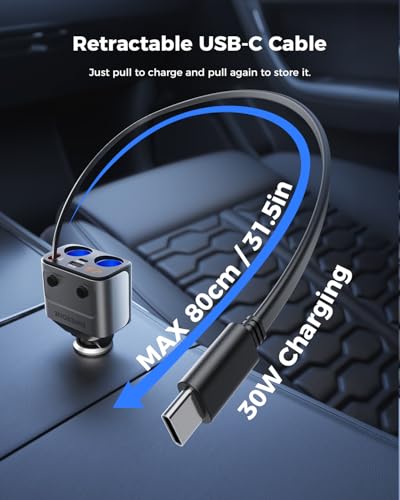SUPERONE 180W Cigarette Lighter Splitter with Retractable 36W USB-C Cable