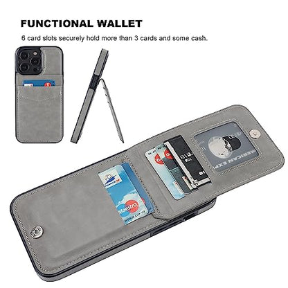KIHUWEY for iPhone 14 Pro Max Wallet Case Card Holder Kickstand, Gray | Credit Card Slots, PU Leather, Magnetic Clasp, Flip Heavy Duty Protection Cover for Men and Women - color: Gray