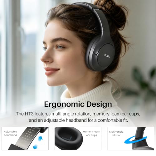 TOZO HT3 Hybrid Noise Cancelling Wireless Headphones, 90H Over Ear Headset - color: Gray